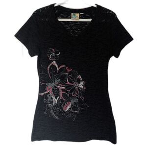 Vintage Y2K Roxy Graphic T-shirt Burnout V-Neck Floral Print Surf Black/Pink MD